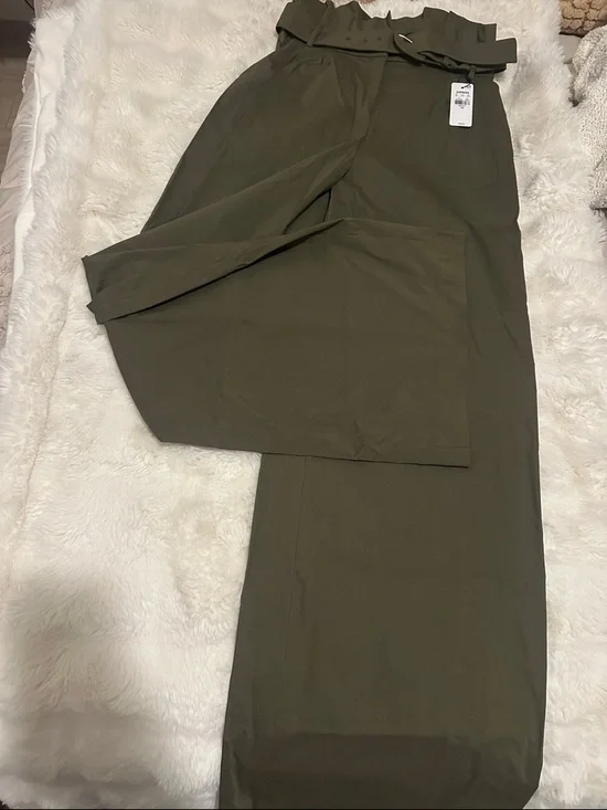Express Olive Green Paperbag Waist Wide-Leg Chinos W/ Belt - Picture 1 of 7